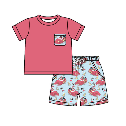 Preorder moq 5 Baby Boys Red Short Sleeves Pocket Top Cartoon Cars Short Set 4.17