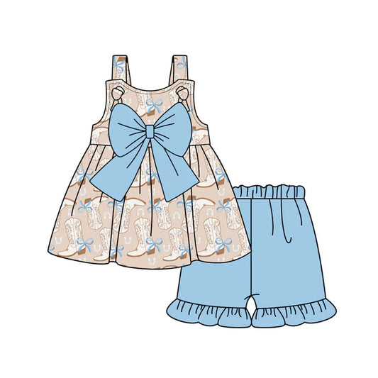 Preorder moq 5 Baby Girls Blue Strap Bows Boots Tunic Ruffle Short Set 4.19