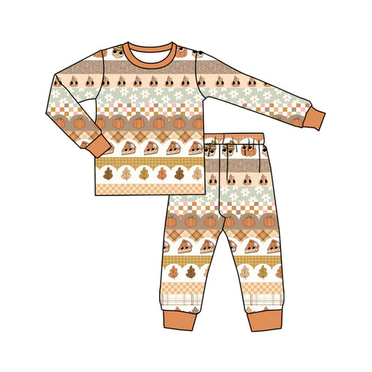 Preorder (moq 5)Baby Boys Long Sleeves Khaki Flowers Pumpkins Top Pant Pajamas Set 6.2