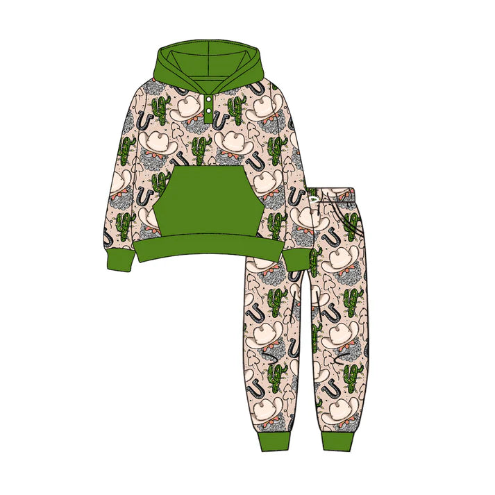 Preorder (moq 5)Baby Boys Long Sleeves Dark Green Cactus Hats Santa Pocket Button Hoodies Legging Pant Sets 6.10