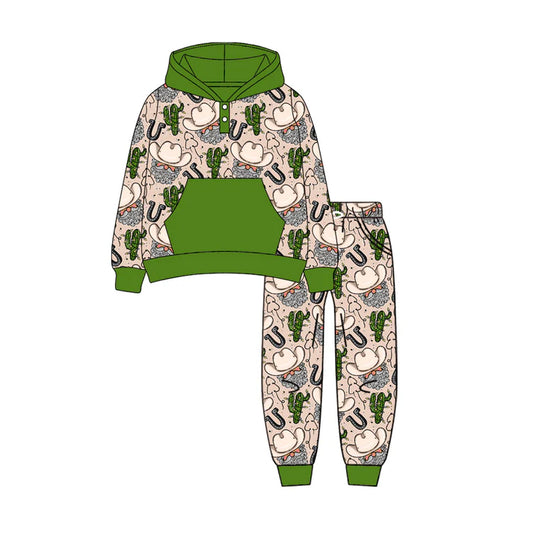 Preorder (moq 5)Baby Boys Long Sleeves Dark Green Cactus Hats Santa Pocket Button Hoodies Legging Pant Sets 6.10