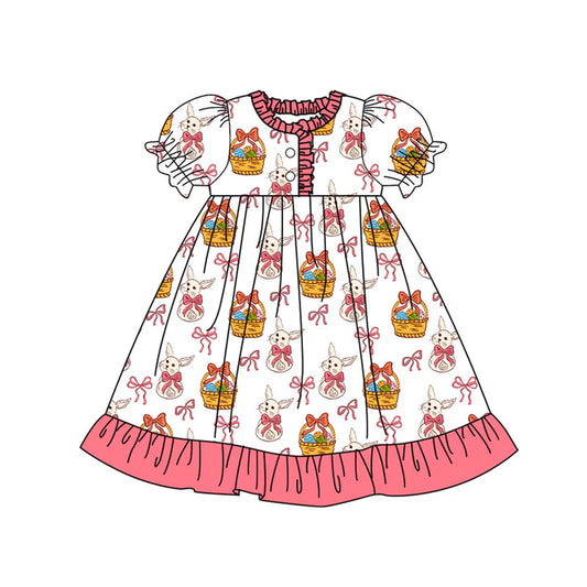 Preorder(moq 8)Baby Girls Bows Rabbits Eggs Button Ruffle Easter Knee Length Dresses 9.26