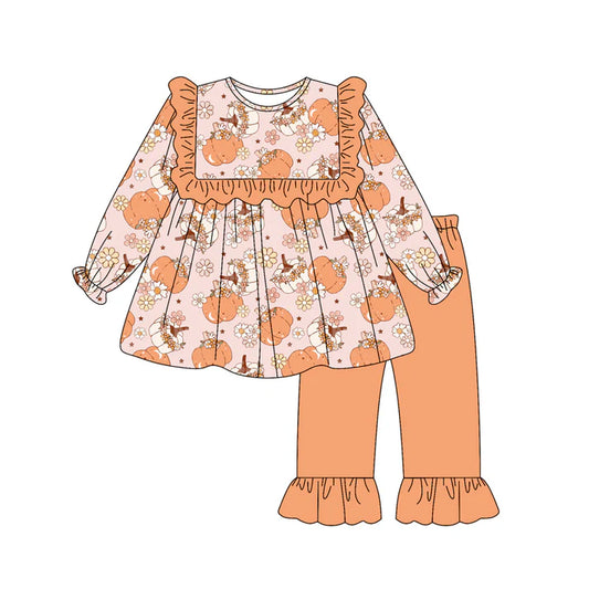 Preorder (moq 5)Baby Girls Long Ruffle Sleeves Peach Floral Pumpkins Tunic Pant Set 6.17