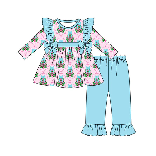 Preorder (moq 5)Baby Girls Long Sleeves Trees Plaid Bows Tunic Blue Ruffle Pant Set 6.18