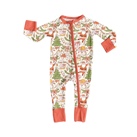 Preorder (moq 5)Baby Girls Long Sleeves Peach Santa Trees Zipper Romper 7.4