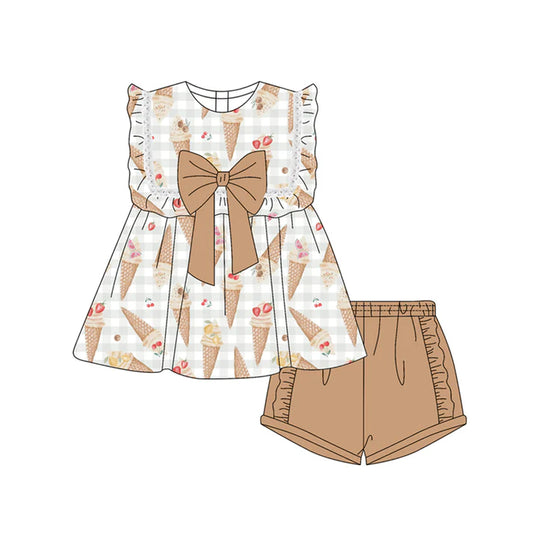 Preorder moq 5 Baby Girls Sleeveless Ice-cream Strawberry Tunic Khaki Ruffle Short Set 4.19