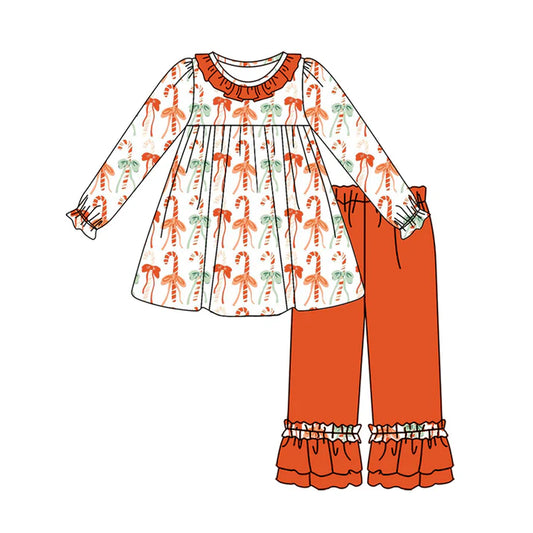 Preorder (moq 5)Baby Girls Long Ruffle Sleeves Bows Candy Cane Stripe Tunic Orange Pant Sets 6.11