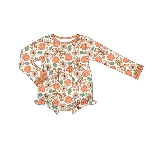 Preorder (moq 5)Baby Girls Long Sleeves Peach Bows Flowers Pumpkins Plaid Ruffle Romper 7.2