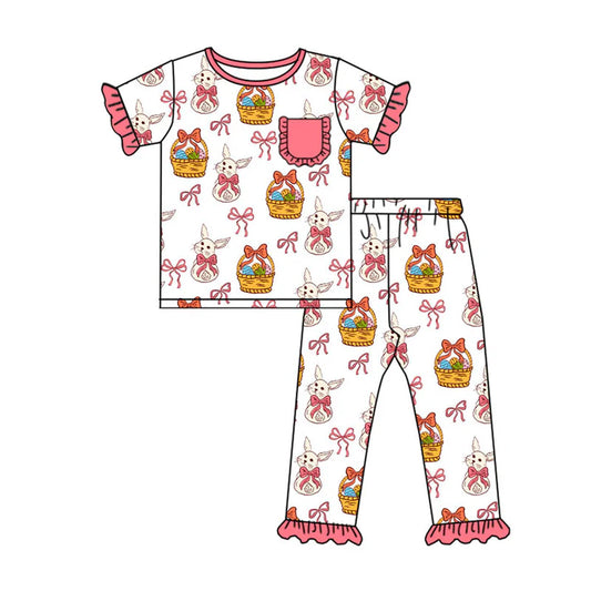Preorder(moq 8)Baby Girls Bows Rabbits Eggs Pocket Top Ruffle Pants Easter Pajamas Sets 9.26