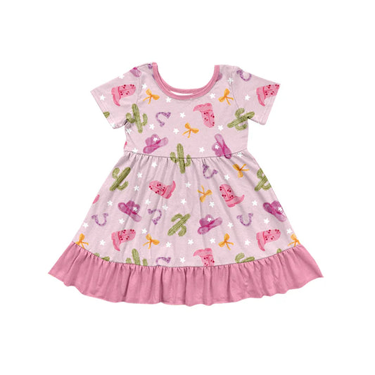 Preorder (moq 5)Baby Girls Cactus Hats Boots Western Ruffle Knee Length Dresses 11.26