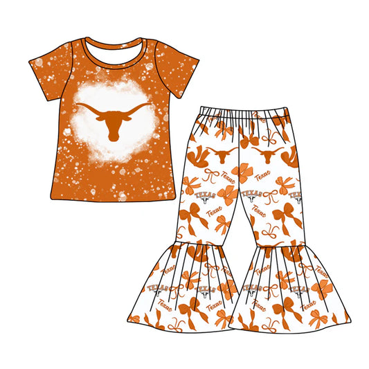 Preorder MOQ 5 Bleached cow top bow pants kids girls team clothes 8.28