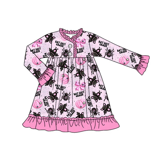 Preorder(moq 5) Baby Girls Long Ruffle Sleeves Bats Pumpkins Plaid Button Knee Length Dresses 7.24