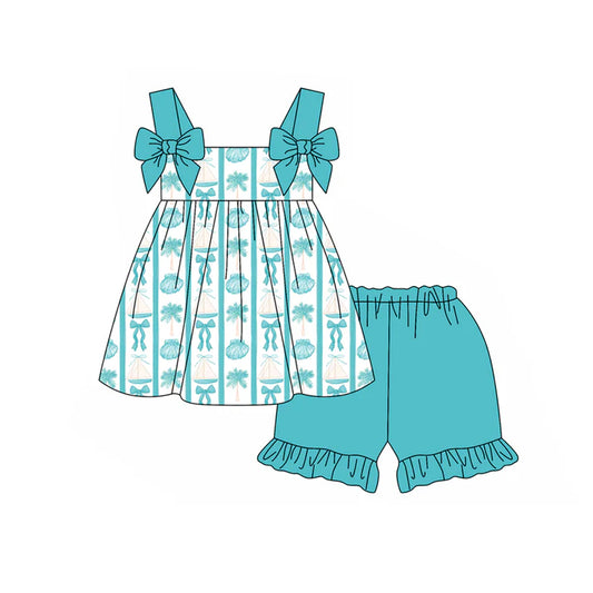 Preorder moq 5 Baby Girls Blue Strap Bows Shell Tunic Ruffle Short Set 4.19