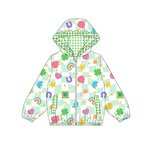 Preorder (moq 5)Baby Girls Green Checked Clovers Stars Pockets Zipper St Patrick Ruffle Hoodies Top 9.4