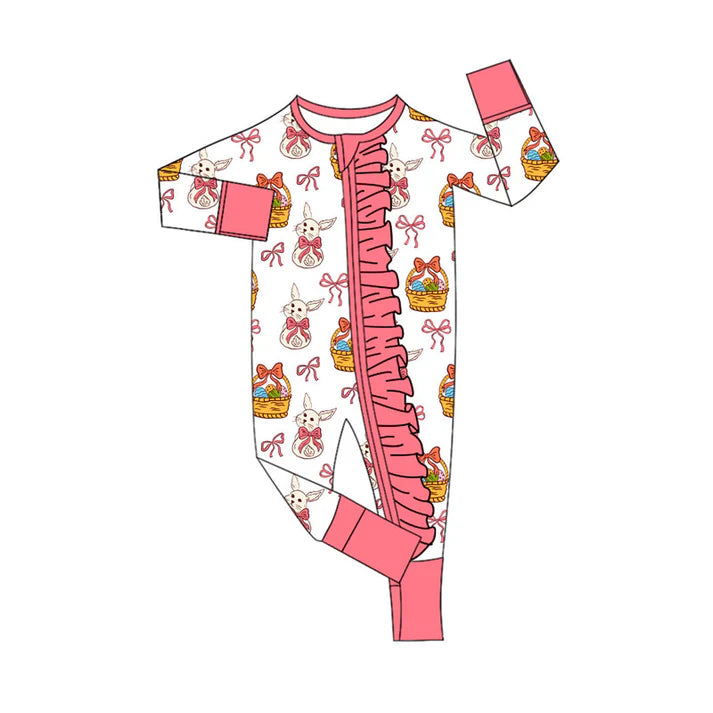 Preorder (moq 8)Baby Girls Bows Rabbits Eggs Easter Ruffle Zipper Footie Rompers 9.26