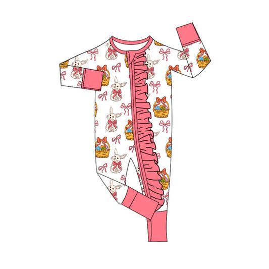 Preorder (moq 8)Baby Girls Bows Rabbits Eggs Easter Ruffle Zipper Footie Rompers 9.26