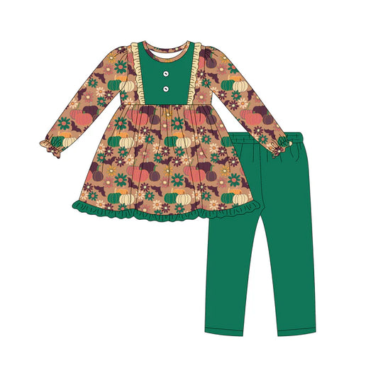 Preorder (moq 5)Baby Girls Long Ruffle Sleeves Flowers Pumpkins Tunic Green Legging Pant Set 6.18