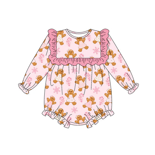 Preorder (moq 5)Baby Girls Long Sleeves Pink Gingerbread Bows Candy Cane Ruffle Romper 7.4