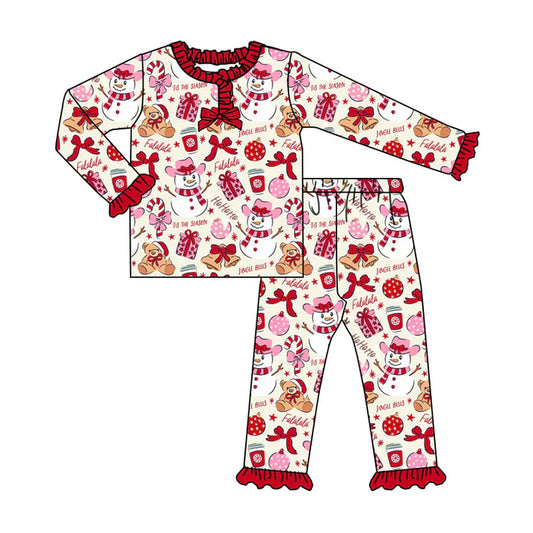Preorder (moq 8)Baby Girls Gifts Snowmen Top Ruffle Pants Christmas Pajamas Sets 9.24