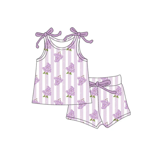 Preorder moq 5 Baby Girls Bows Sleeveless Lavender Stripe Grape Top Short Set 4.16