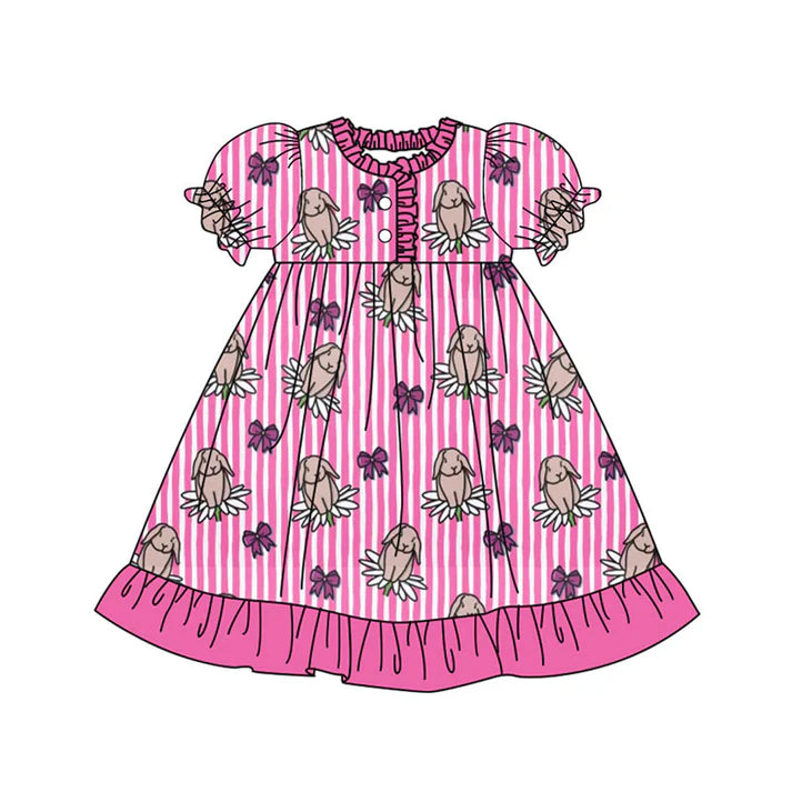 Preorder(moq 8)Baby Girls Pink Stripe Flowers Rabbits Button Ruffle Easter Knee Length Dresses 9.26