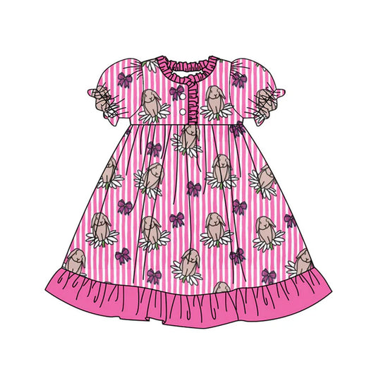 Preorder(moq 8)Baby Girls Pink Stripe Flowers Rabbits Button Ruffle Easter Knee Length Dresses 9.26