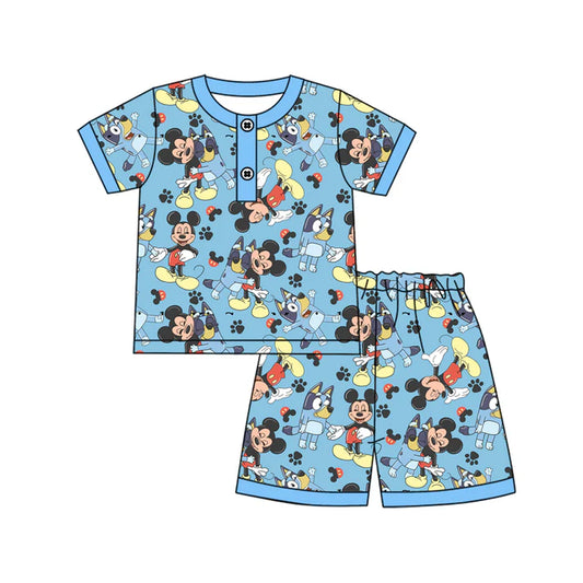 Preorder moq 5 Baby Boys Blue Short Sleeves Cartoon Mouse Dogs Button Top Short Pajamas Set 4.14