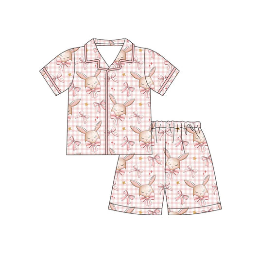 Preorder (moq 5)Baby Girls Pink Rabbits Bows Checked Button Top Shorts Easter Pajamas Sets 12.12