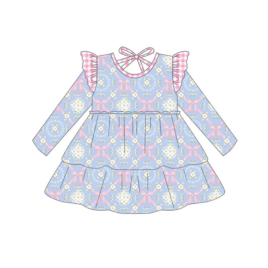 Preorder (moq 5)Baby Girls Light Blue Flowers Bows Plaid Knee Length Dresses 8.1
