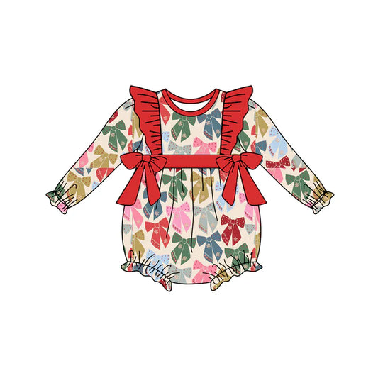 Preorder (moq 5)Baby Girls Red Long Sleeves Colorful Bows Plaid Ruffle Rompers 6.4