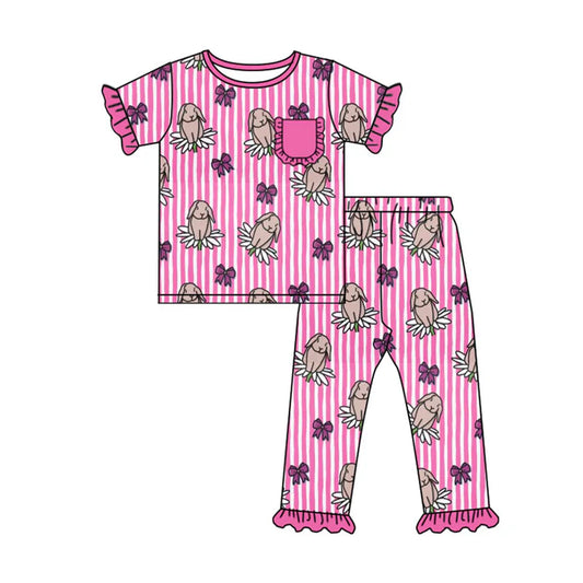 Preorder(moq 8)Baby Girls Pink Stripe Flowers Rabbits Pocket Top Ruffle Pants Easter Pajamas Sets 9.26