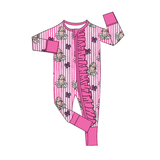 Preorder (moq 8)Baby Girls Pink Stripe Flowers Rabbits Easter Ruffle Zipper Footie Rompers 9.26