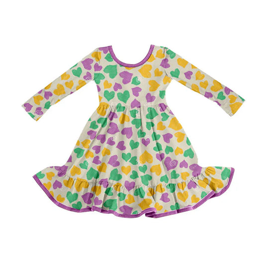 Preorder(moq 8)Baby Girls Mardigras Hearts Ruffle Knee Length Dresses 9.25