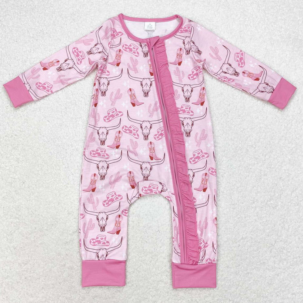 Baby Girls Rompers Cow Skull Pink Ruffle Zippy Long Sleeve Bamboo Rompers LR0689