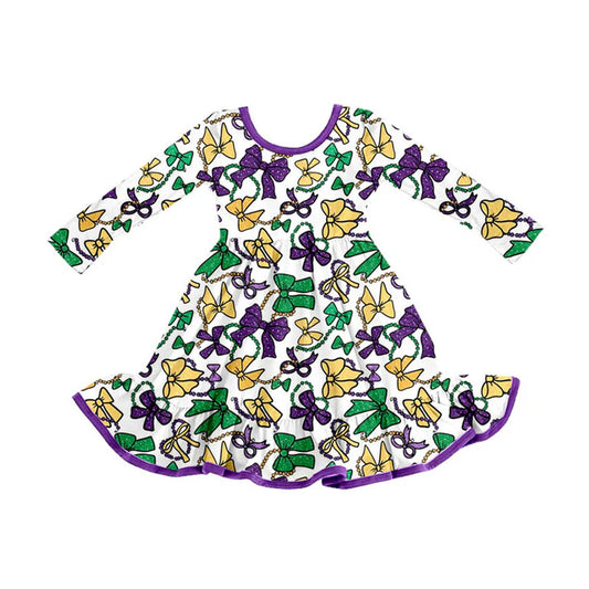 Preorder (moq 8)Baby Girls Purple Yellow Green Bows Mardigras Ruffle Knee Length Dress 9.9