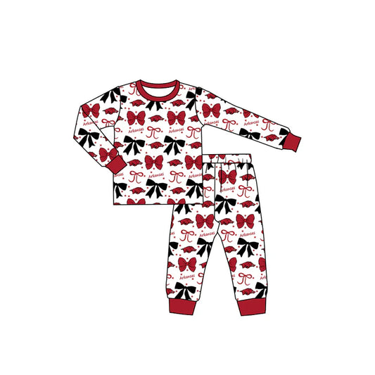 Preorder (moq 5)Baby Girls Red Arkansas Team Bows Top Pants Pajamas Sets 8.29