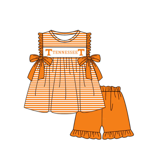 Preorder (moq 5)Baby Girls Orange Tennessee Stripe Tunic Ruffle Shorts Team Clothes Sets