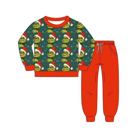 Preorder(moq 5) Baby Boys Green Face Stars Stripe Top Pockets Legging Pants Christmas Set 8.15