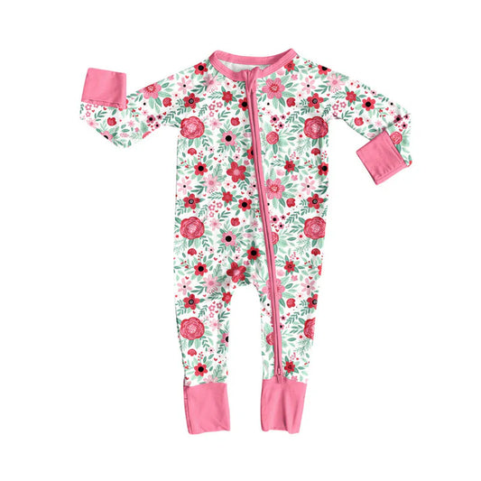 Preorder (moq 8)Baby Girls Long Sleeve Pink Flowers Zipper Footie Rompers 9.12