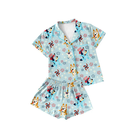 Preorder (moq 5)Baby Girls Blue Short Sleeves Button Pocket Cartoon Dogs Flowers Top Short Pajamas Set 4.25