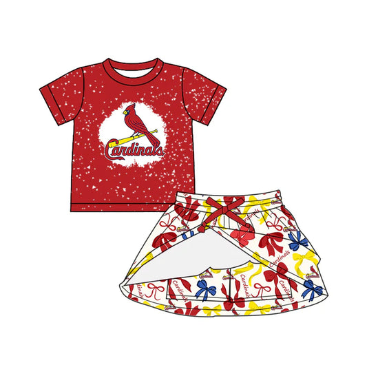 Preorder (moq 5)Baby Girls Red Short Sleeves Cardinals Top Bows Plaid Skorts Team Set 6.14