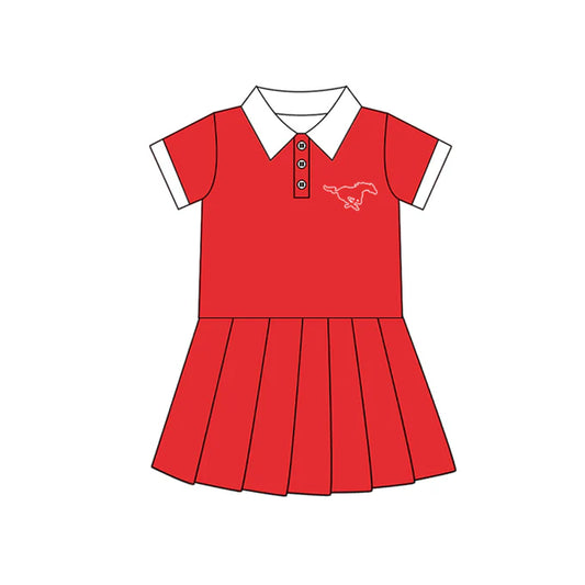 Preorder (moq 5)Baby Girls Red Short Sleeves Button Horses Team Shorts Knee Length Dresses 7.10