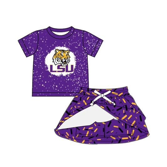 Preorder (moq 5)Baby Girls Purple Short Sleeves Tiger LSU Top Drip Skirts Team Set 6.14