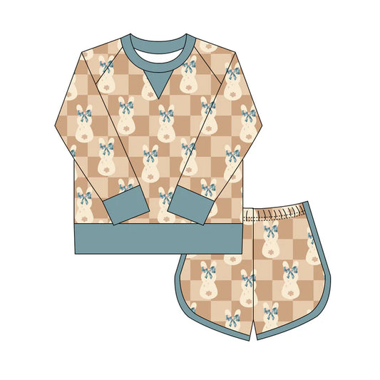 Preorder(moq 8)Baby Girls Khaki Checked Bows Rabbits Long Sleeve Top Shorts Easter Clothes Set 9.27