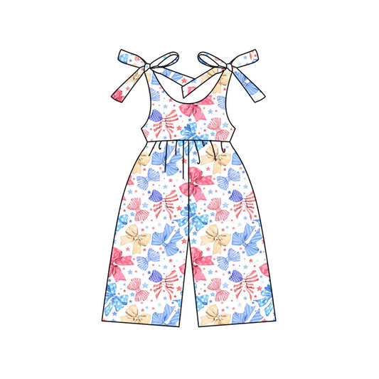 Preorder (moq 5)Baby Girls Strap Blue Red Bows Stars 4th Of July Jumpsuits 4.24