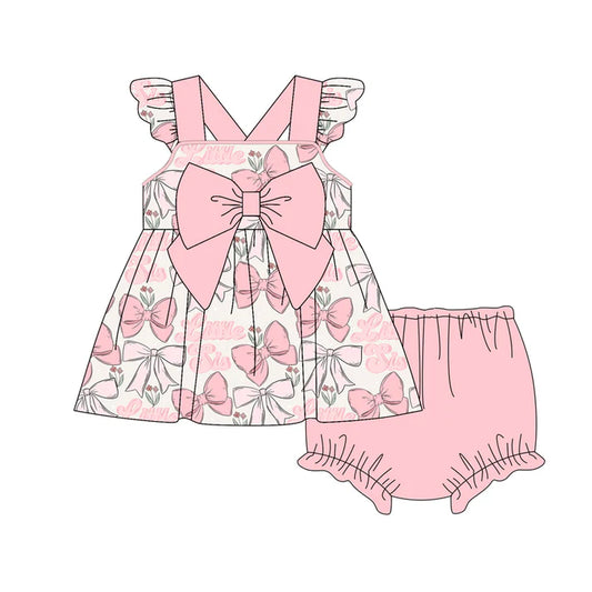 Preorder (moq 5)Baby Girls Peach Flutter Sleeves Bows Little Sis Tunic Bummies Set 4.28