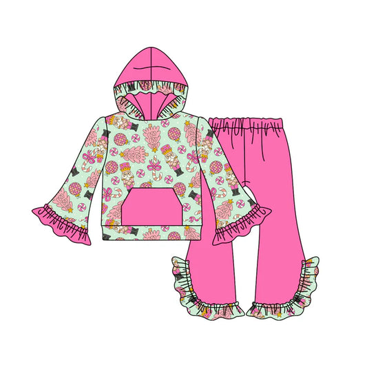 Preorder (moq 5)Baby Girls Christmas Pink Soldier Hoodie Top Bell Bottom Pants Sets 8.14