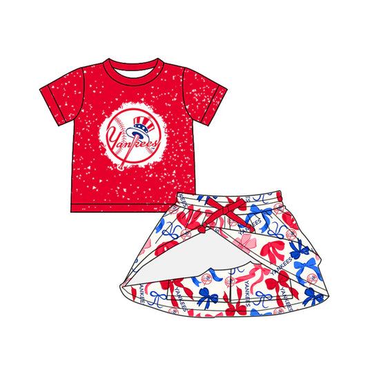 Preorder (moq 5)Baby Girls Red Short Sleeves Yankees Top Bows Plaid Skorts Team Set 6.14