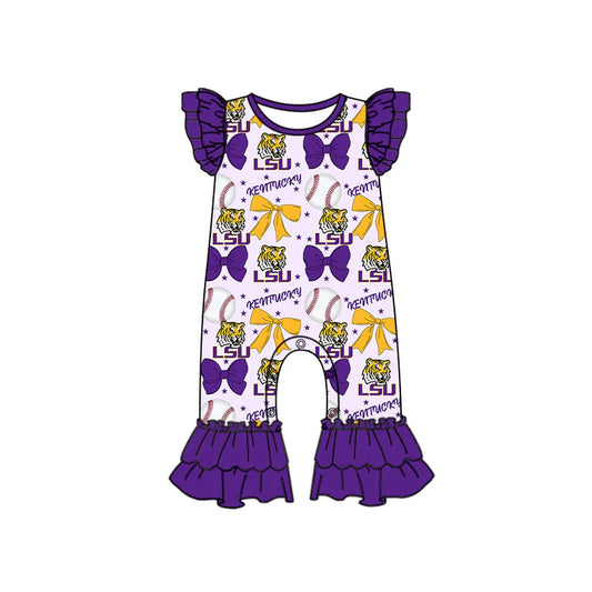 Preorder (moq 5)Baby Girls Purple Flutter Sleeves Baseball Bows LSU Tiger Ruffle Pant Team Rompers 6.16