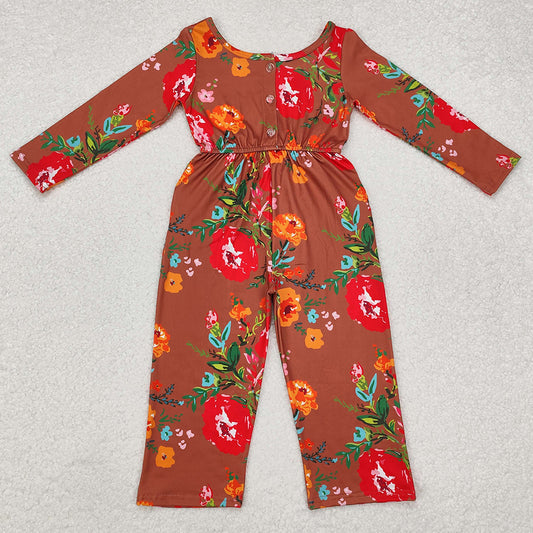 Baby Girls Jumpsuits Brown Red Flowers Long Sleeve Fall Jumpsuits LR1834